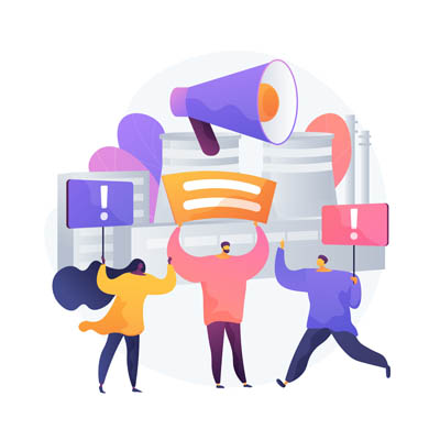 Demonstration. People partaking in a protest with transparent, protest slogans and loudspeaker against industrial pollution. Rally, riot, strike. Vector isolated concept metaphor illustration